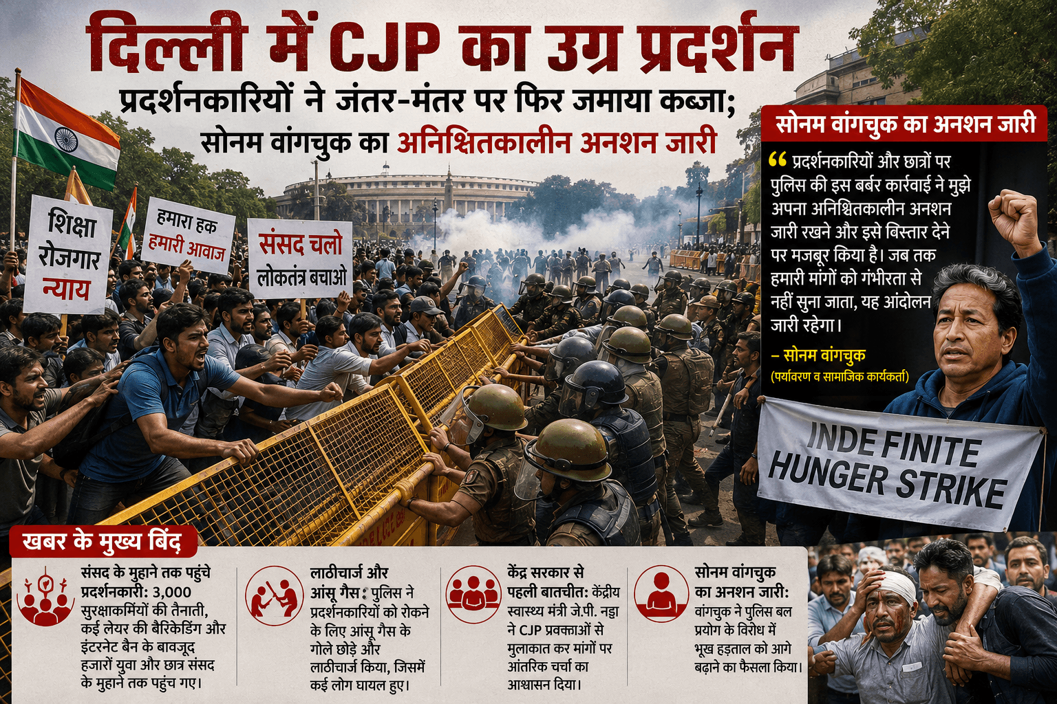 दिल्ली में CJP का उग्र प्रदर्शन: प्रदर्शनकारियों ने जंतर-मंतर पर फिर जमाया कब्जा; सोनम वांगचुक का अनिश्चितकालीन अनशन जारी